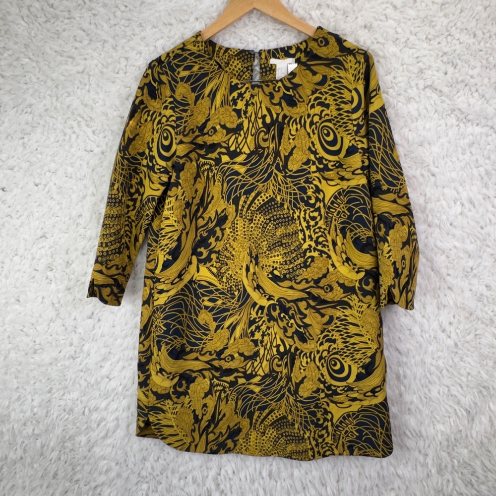 H&M Shift Dress Size 12 Yellow Black Dragon Oriental Print Long Sleeve Mini